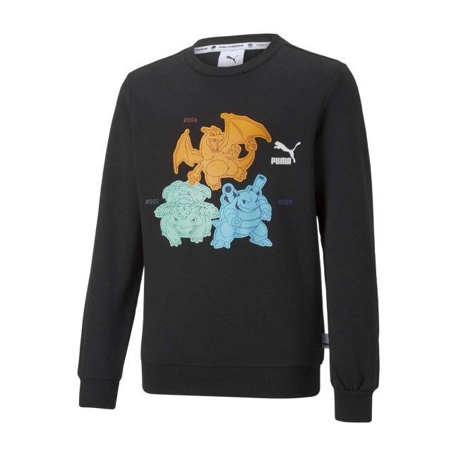 PUMA × Pokémon: Venusaur, Charizard & Blastoise Puma Black French Terry Relaxed Crew Neck Sweatshirt - Youth