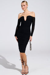 RENEE RUCHED OFF THE SHOULDER MIDI DRESS
