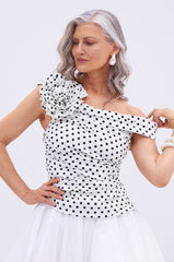 RUCHED POLKA DOT OFF THE SHOULDER TOP