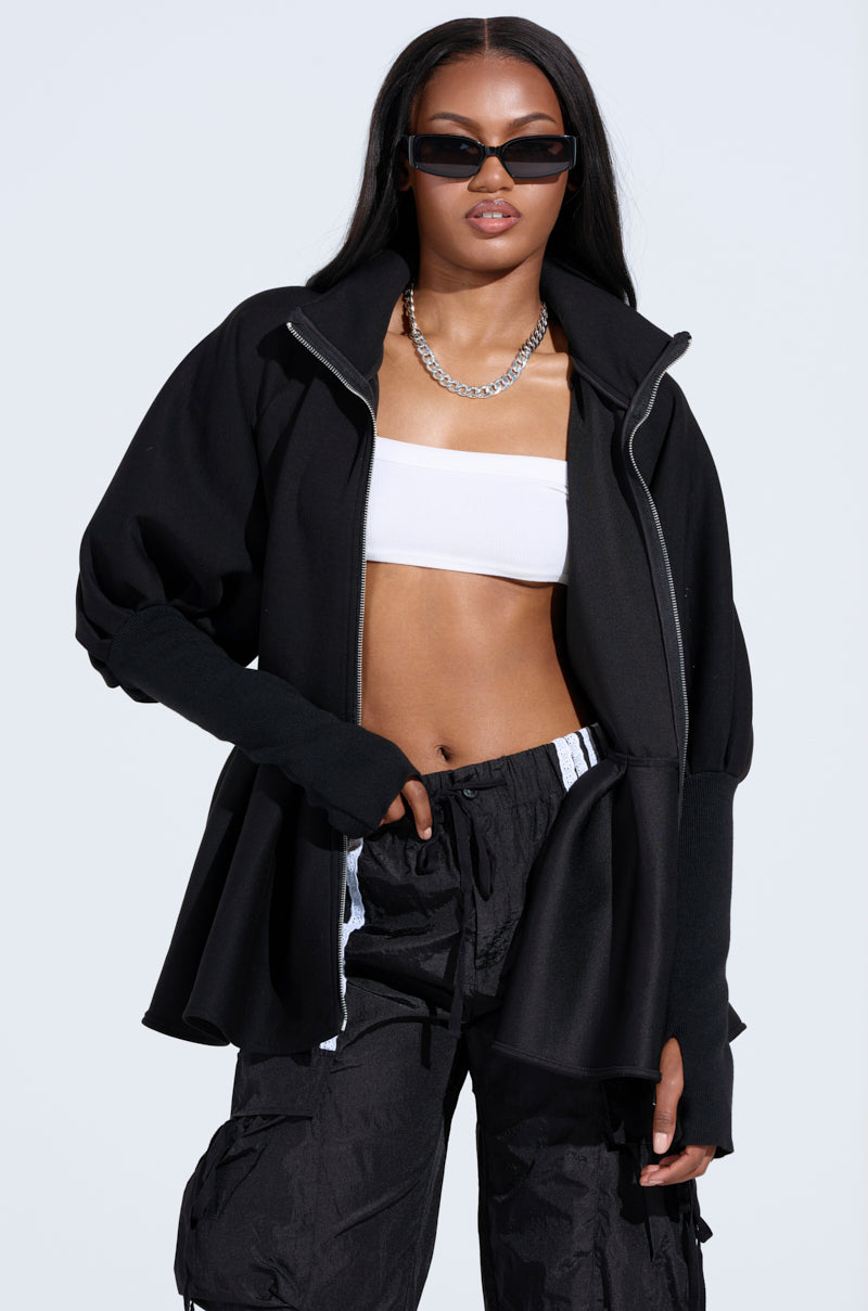 TWIN FLAME PEPLUM BOMBER IN BLACK