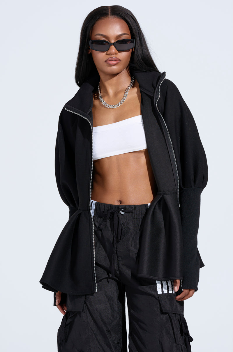 TWIN FLAME PEPLUM BOMBER IN BLACK