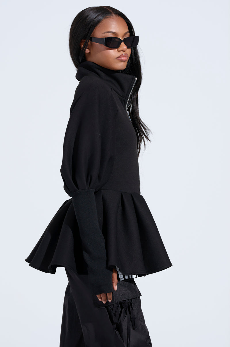 TWIN FLAME PEPLUM BOMBER IN BLACK