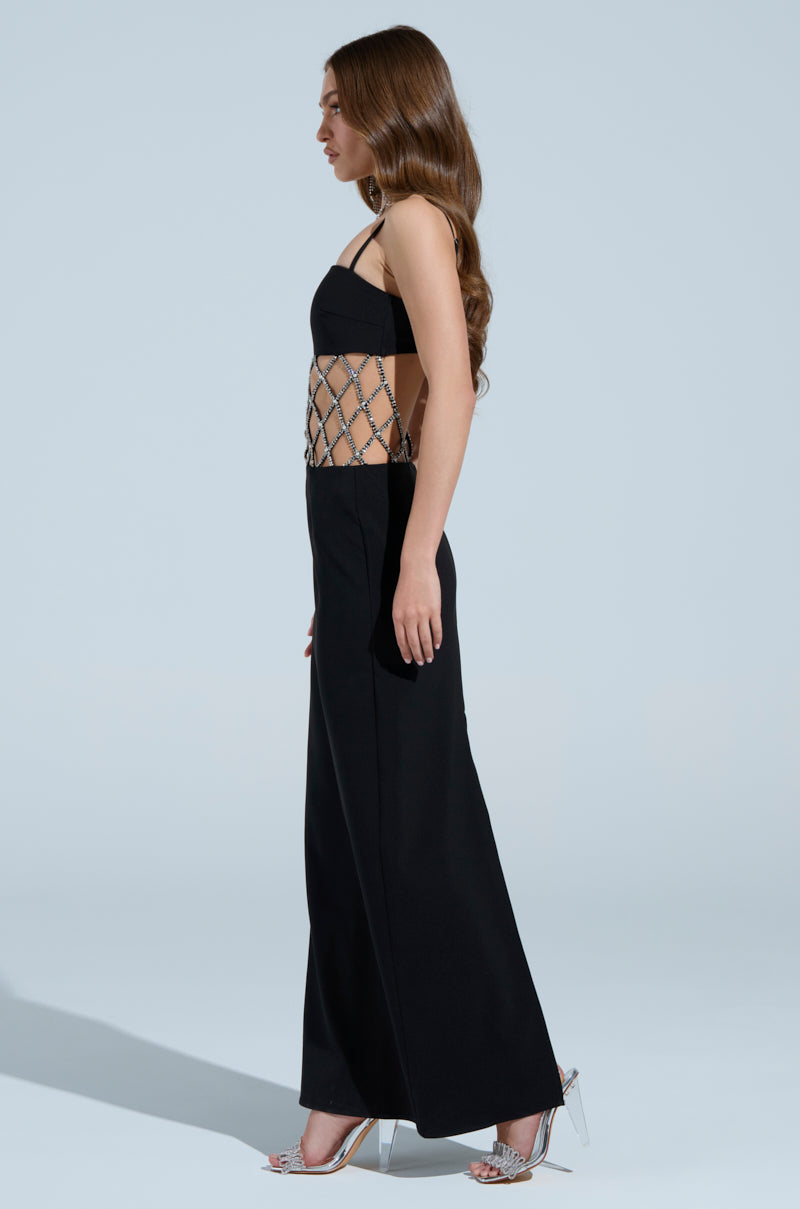 TAKE IT BLACK MIDI DRESS WITH RHINESTONE CUTOUT