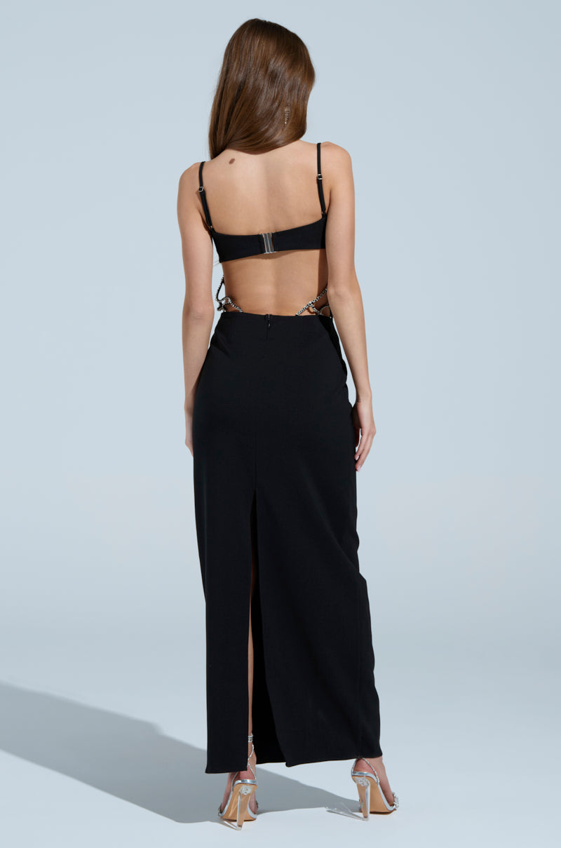 TAKE IT BLACK MIDI DRESS WITH RHINESTONE CUTOUT