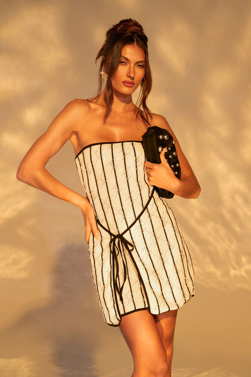 ALIX STRIPED MINI DRESS WITH TIE FRONT