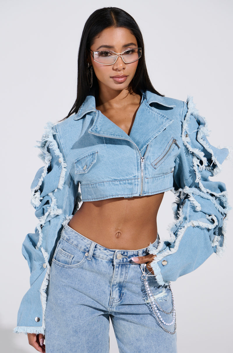 SNAP OUT OF IT ULTRA CROP MOTO IN DENIM