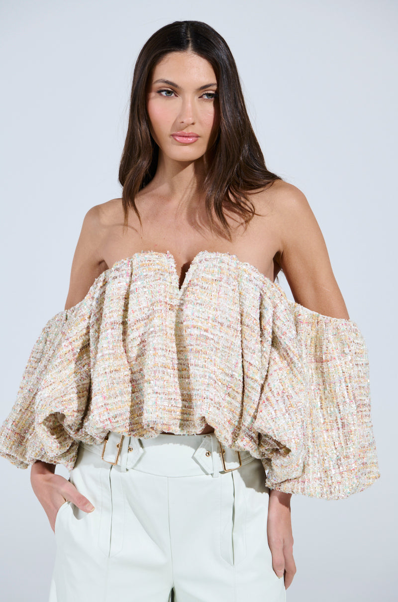 THE PRETTIEST FLOWER TWEED OFF-SHOULDER TOP