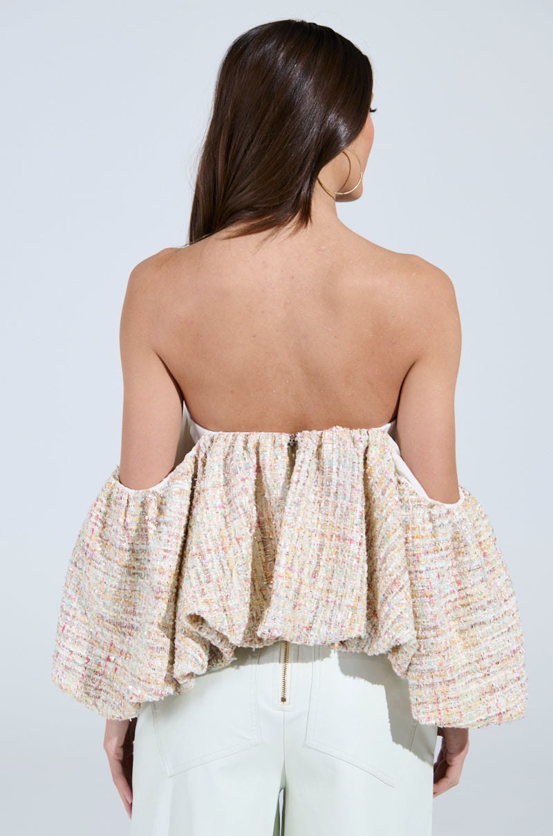 THE PRETTIEST FLOWER TWEED OFF-SHOULDER TOP